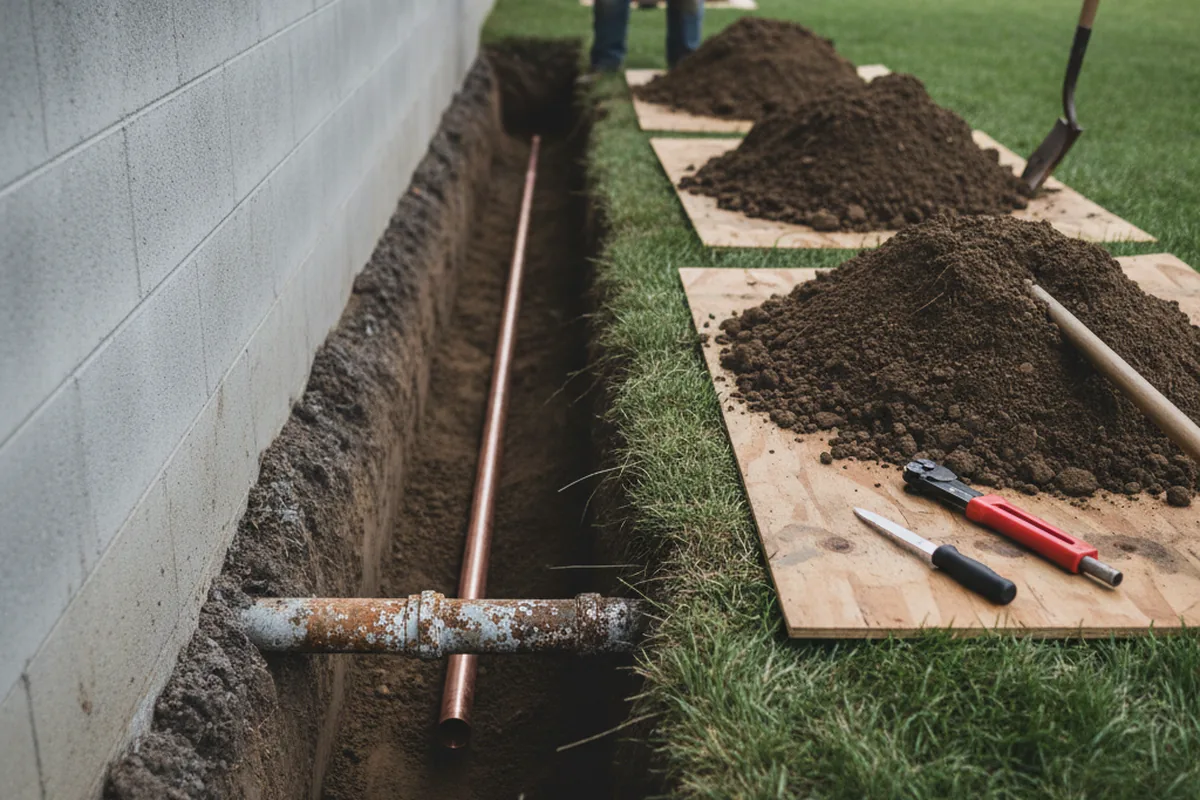 Excavated water line trench during Sewer Line Repair in Eldorado